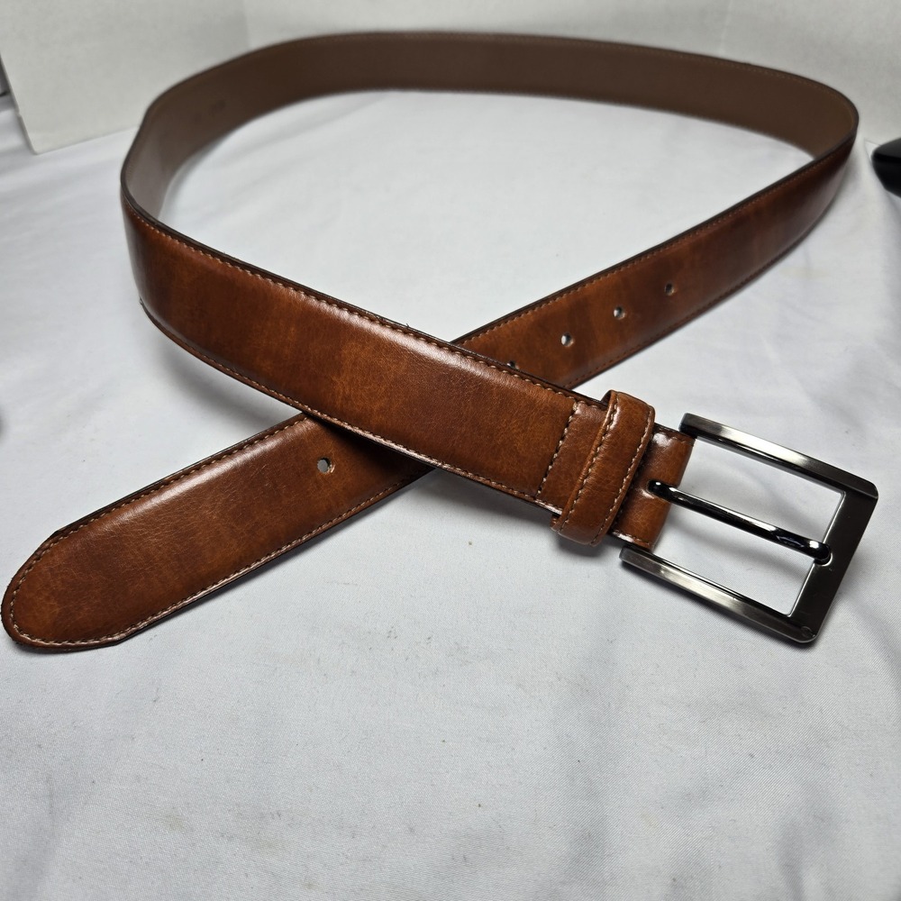 Whiskey Brown Genuine Leather Dress Belt Mens 44 Gunmetal Buckle Top Stitch